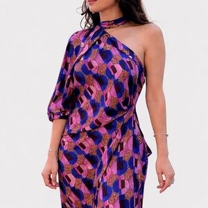 ZARA STUDIO Limited Edition Midi Purple and Blue Printed One-Shoulder Dress